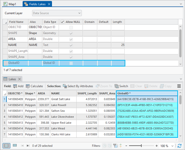 The GlobalID field in the Fields view and GlobalID field values in the Table view The GlobalID field in the Fields view and GlobalID field values in the Table view