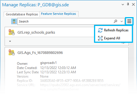 Feature service replica menu commands Feature service replica menu commands