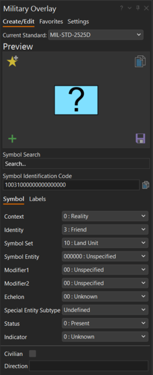 Military Overlay pane with Create/Edit tab selected Military Overlay pane with Create/Edit tab selected