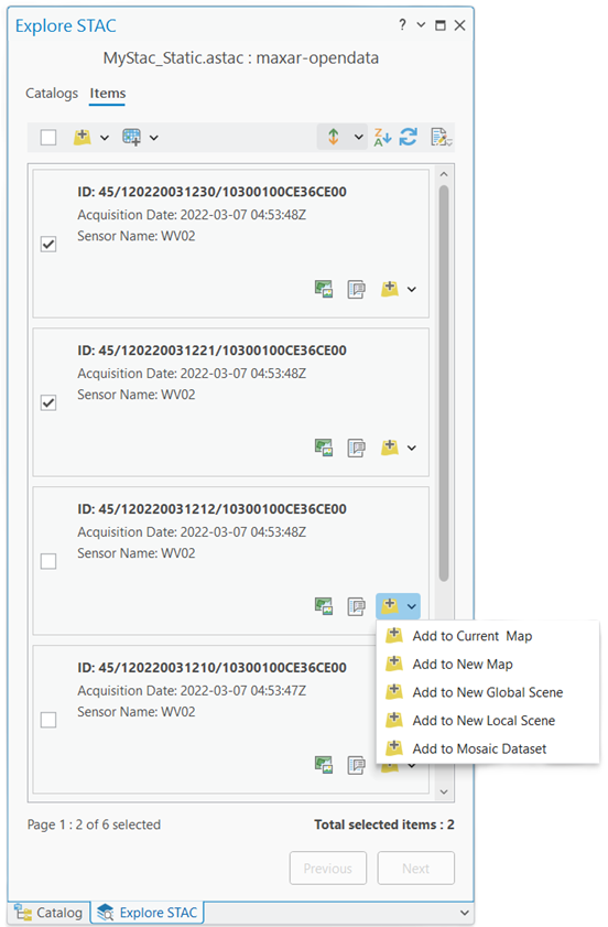 Items tab in the Explore STAC pane