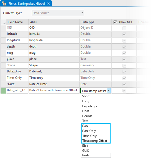 Date and time data type options available from the fields view Date and time data type options available from the fields view