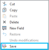 Save button on the context menu of an edited row in the Fields view Save button on the context menu of an edited row in the Fields view