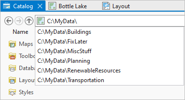 Location bar showing a partial path with a drop-down list of autocomplete options Location bar showing a partial path with a drop-down list of autocomplete options