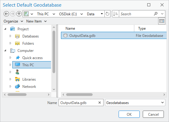 Browse dialog box showing renamed file geodatabase Browse dialog box showing renamed file geodatabase