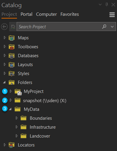 Folder connections in the Catalog pane Folder connections in the Catalog pane