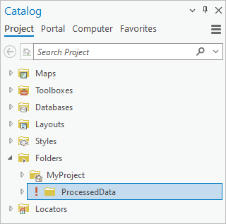 Catalog pane with an invalid folder connection Catalog pane with an invalid folder connection