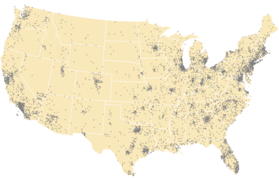 2012 population per U.S. county drawn with dot density symbology over U.S. states 2012 population per U.S. county drawn with dot density symbology over U.S. states