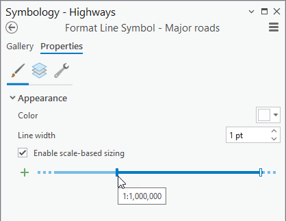 The basic properties of a line symbol with scale-based sizing enabled are shown in the Symbology pane. The basic properties of a line symbol with scale-based sizing enabled are shown in the Symbology pane.