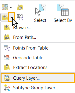 Expand the Add Data menu and choose Query Layer. Expand the Add Data menu and choose Query Layer.
