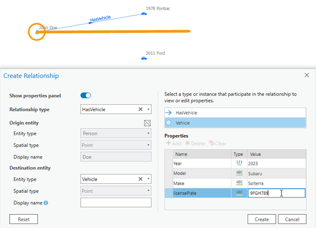 Define properties in the properties panel of the Create Relationship dialog box. Define properties in the properties panel of the Create Relationship dialog box.