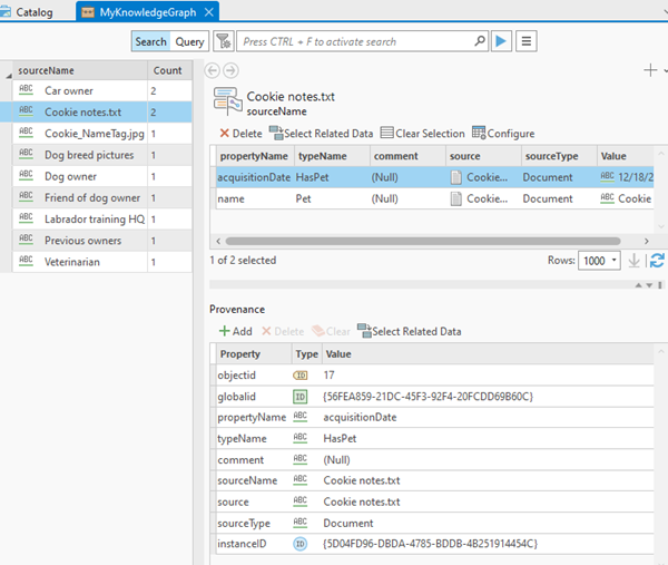 Provenance records associated with a specific property value are listed in the details panel. Provenance records associated with a specific property value are listed in the details panel.