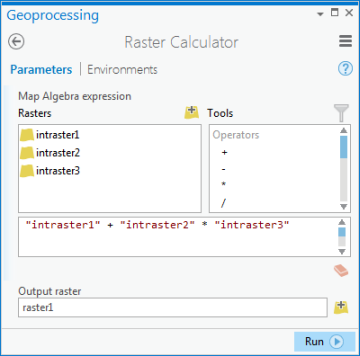 Raster Calculator tool in the Geoprocessing pane Raster Calculator tool in the Geoprocessing pane