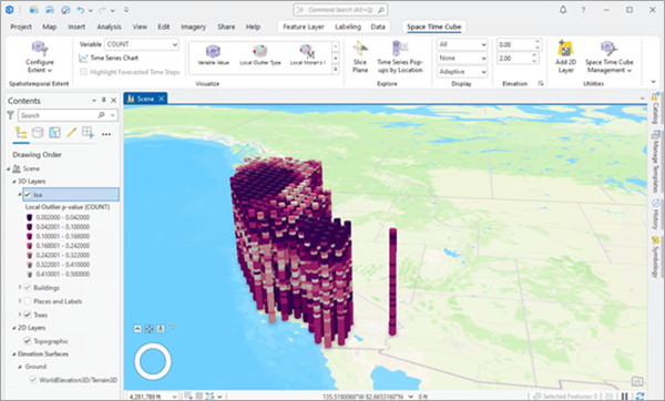 The Local Outlier p-value display theme applied to a space-time cube. The Local Outlier p-value display theme applied to a space-time cube.
