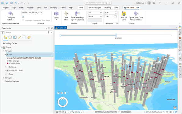 The Change Points display theme applied to a space-time cube. The Change Points display theme applied to a space-time cube.