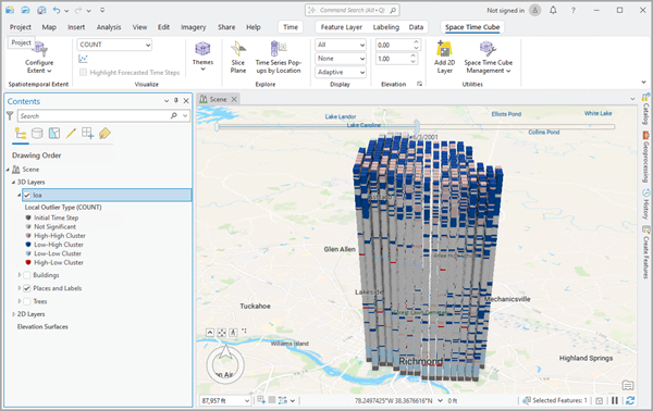 The Local Outlier Type display theme applied to a space-time cube. The Local Outlier Type display theme applied to a space-time cube.