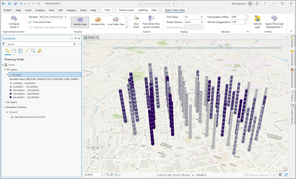 The Variable Value display theme applied to a space-time cube. The Variable Value display theme applied to a space-time cube.