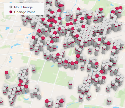 Output of the Time series change points display theme in the Visualize Space Time Cube in 3D tool Output of the Time series change points display theme in the Visualize Space Time Cube in 3D tool