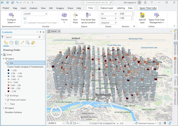 The Local Outlier Z-Score display theme applied to a space-time cube. The Local Outlier Z-Score display theme applied to a space-time cube.