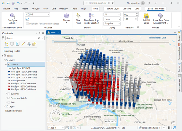 The Hot Spot Type display theme applied to a space-time cube. The Hot Spot Type display theme applied to a space-time cube.