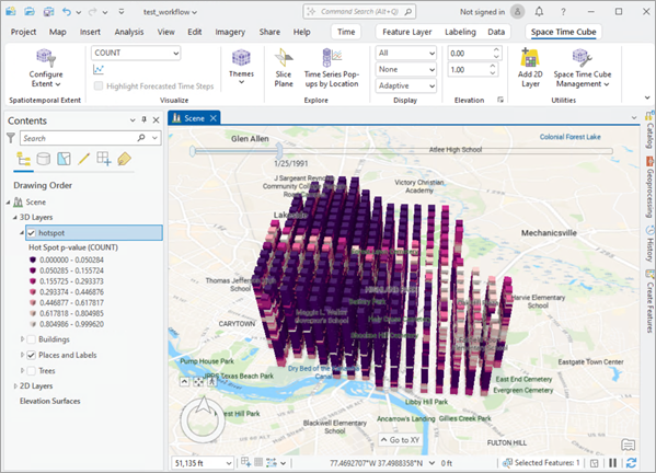 The Hot Spot p-value display theme applied to a space-time cube. The Hot Spot p-value display theme applied to a space-time cube.