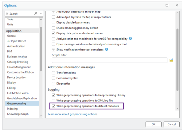 The Write geoprocessing operations to dataset metadata option checked on the Geoprocessing tab on the Options dialog box The Write geoprocessing operations to dataset metadata option checked on the Geoprocessing tab on the Options dialog box