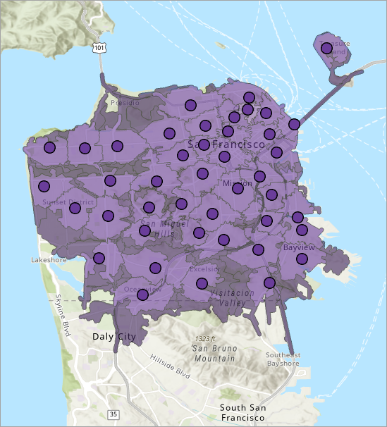 Reachable areas within two or four minutes of a particular fire station Reachable areas within two or four minutes of a particular fire station