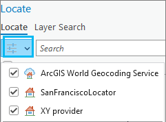 Options button in the Locate pane Options button in the Locate pane