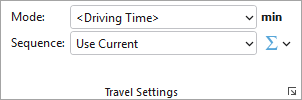 Network Analyst ribbon travel mode setting with angle brackets indicating a custom travel mode Network Analyst ribbon travel mode setting with angle brackets indicating a custom travel mode