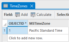 Screenshot of the attribute table of a time zone table with a single row Screenshot of the attribute table of a time zone table with a single row