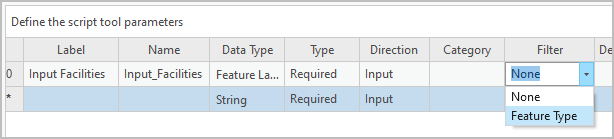 Select the Feature Type filter for the Input Facilities parameter. Select the Feature Type filter for the Input Facilities parameter.