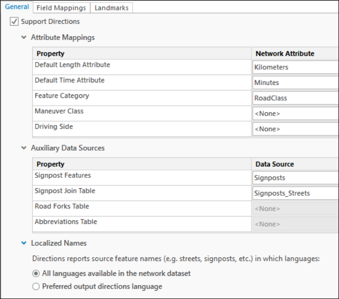 Modify units used to report directions and fields used to identify streets on the General tab Modify units used to report directions and fields used to identify streets on the General tab