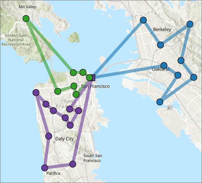 VRP solution with three routes servicing a set of orders VRP solution with three routes servicing a set of orders