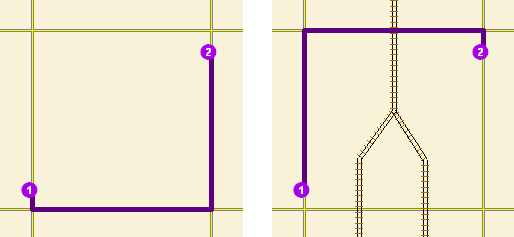 Two maps demonstrate how added cost barriers affect a route analysis. Two maps demonstrate how added cost barriers affect a route analysis.