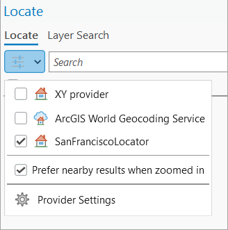Options button in the Locate pane Options button in the Locate pane