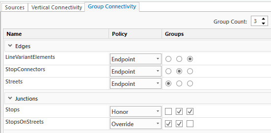 The Group Connectivity tab lists feature classes and their connectivity policies and groups. The Group Connectivity tab lists feature classes and their connectivity policies and groups.