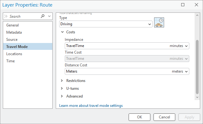 Travel mode property page showing the impedance attribute and units Travel mode property page showing the impedance attribute and units
