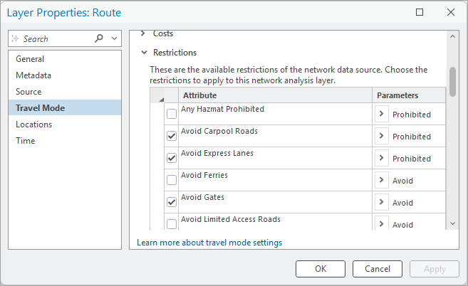 Travel mode property page showing the restrictions used in the analysis Travel mode property page showing the restrictions used in the analysis