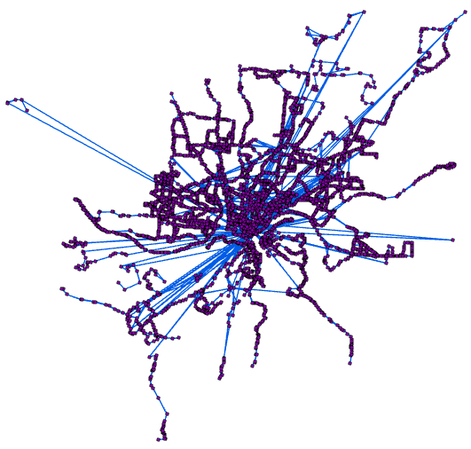 Output of the GTFS To Public Transit Data Model tool in the map Output of the GTFS To Public Transit Data Model tool in the map