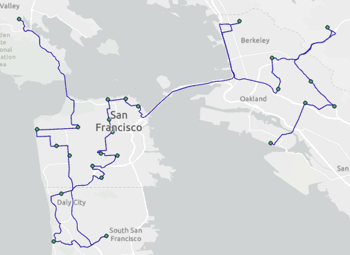 Output of the route analysis model showing route between the input locations Output of the route analysis model showing route between the input locations