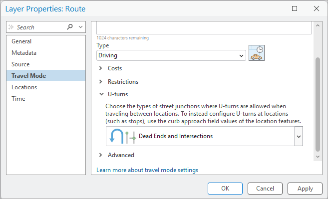 Travel mode property page showing the U-turn policy Travel mode property page showing the U-turn policy
