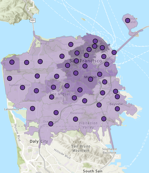 Non-overlapping polygons showing fire stations that can reach an area within four minutes Non-overlapping polygons showing fire stations that can reach an area within four minutes