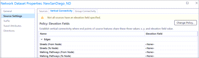 tab in the Network Dataset Properties window tab in the Network Dataset Properties window