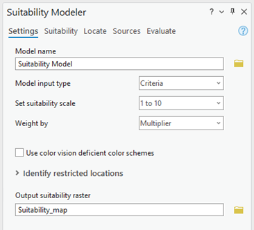 Settings tab of the Suitability Modeler pane Settings tab of the Suitability Modeler pane