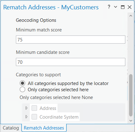 Geocoding options in Rematch Addresses pane Geocoding options in Rematch Addresses pane