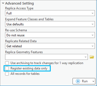 Register existing data only option on the Create Replica geoprocessing tool Register existing data only option on the Create Replica geoprocessing tool