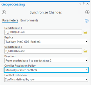 Manually resolve conflicts option for Conflict Resolution Policy in the Synchronize Changes tool. Manually resolve conflicts option for Conflict Resolution Policy in the Synchronize Changes tool.