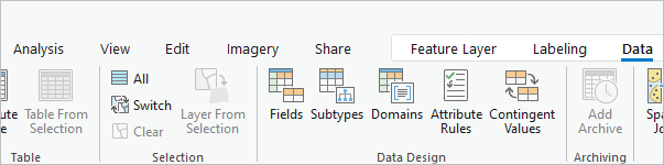 Fields, Subtypes, and Domains buttons on the Data tab Fields, Subtypes, and Domains buttons on the Data tab