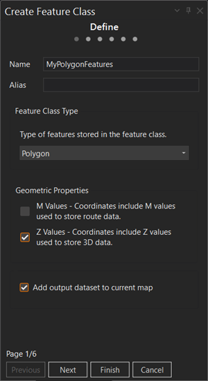Create Feature Class pane Create Feature Class pane