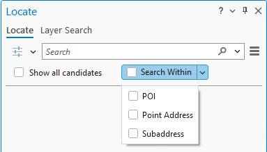 Available feature type options in the Search Within control Available feature type options in the Search Within control