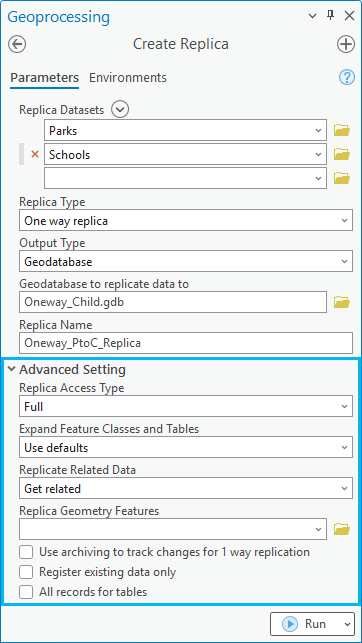 Advanced Setting in the Create Replica tool Advanced Setting in the Create Replica tool